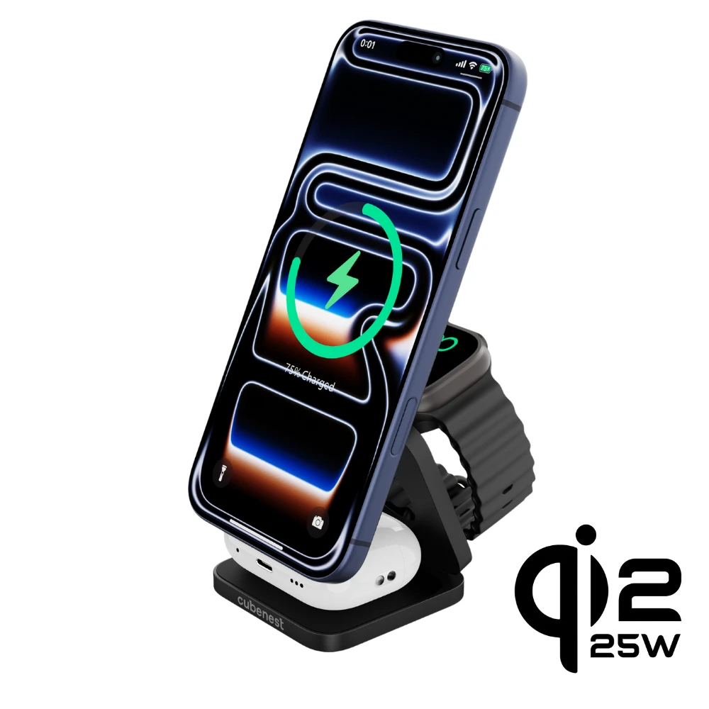 E-shop Cubenest 3v1 Qi2.2 Skladacia bezdrôtová magnetická nabíjačka SQ312 Ultra čierna