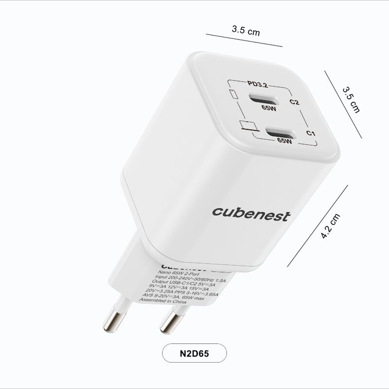 Cubenest PD GaN Nano adaptér 2xUSB-C 65W N2D65