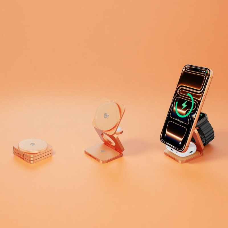 Cubenest 3v1 Qi2.2 Skladacia bezdrôtová magnetická nabíjačka SQ312 Ultra oranžová