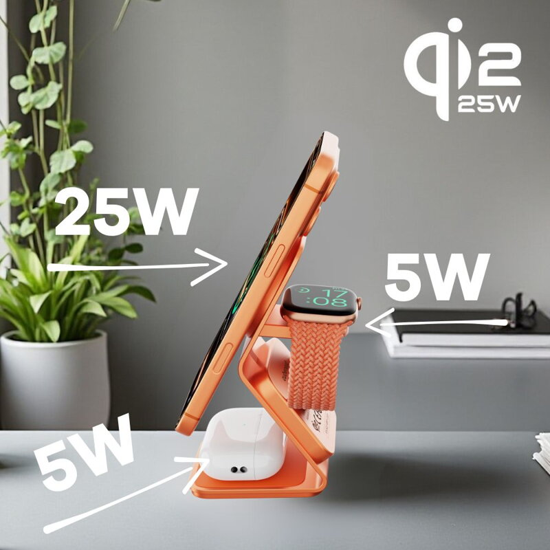 Cubenest 3v1 Qi2.2 Bezdrôtová magnetická nabíjačka SQ314 oranžová
